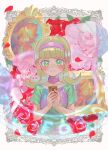 blonde_hair blush card dress flower goha_yuuna green_eyes hairband highres holding holding_card looking_at_viewer multicolored_clothes multicolored_dress oudou_yuga pink_hairband pink_scarf portrait_(object) red_flower red_rose rose scarf yu-gi-oh! yu-gi-oh!_go_rush!! yuzutaroman 