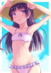  1girl arms_up bikini black_hair blue_sky blunt_bangs breasts brown_headwear cloud cowboy_shot frilled_bikini frills gokou_ruri hat highres hime_cut long_hair looking_at_viewer mole mole_under_eye navel ore_no_imouto_ga_konna_ni_kawaii_wake_ga_nai purple_eyes sky small_breasts solo straw_hat swimsuit takatsuki_akira white_bikini 