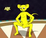  acidskunkwolf anthro arena balls crouching dragon_ball dragon_ball_super genitals hi_res male mammal masturbation mouse murid murine nude penis quitela rodent solo yellow_body yellow_penis 