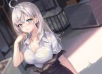  1girl :o absurdres ahoge alisa_mikhailovna_kujou aqua_eyes black_skirt blue_eyes blurry blurry_background blush bra_visible_through_clothes breasts cleavage collarbone collared_shirt commentary_request dutch_angle highres hot large_breasts long_hair looking_at_viewer momoko_(momopoco) novel_illustration official_art open_collar open_mouth outdoors see-through see-through_shirt shirt short_sleeves skirt solo sweat sweatdrop sweaty_clothes taut_clothes taut_shirt tokidoki_bosotto_roshia-go_de_dereru_tonari_no_arya-san wet wet_clothes wet_shirt white_hair white_shirt 