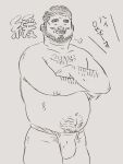  1boy abs arm_hair bara beard belly blush breath bulge chest_hair crossed_arms facial_hair feet_out_of_frame fundoshi greyscale hachimaki hairy headband highres inu_yoshi_(neko_yoshi) japanese_clothes large_pectorals leg_hair male_focus mature_male monochrome mustache navel navel_hair nipples original pectorals plump short_hair sideburns smile solo standing stomach thick_eyebrows thick_thighs thighs topless_male traditional_media translation_request 