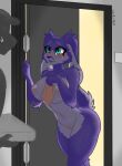  alrecsolus anthro big_breasts big_butt big_ears blue_eyes blush bodily_fluids breast_squish breasts butt covering covering_self delivery_(commerce) doorway exhibitionism female female_focus fur hand_on_breast hi_res lagomorph leporid mammal nude purple_body purple_fur rabbit shy squish sweat sweatdrop thick_thighs wet 