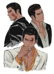  1boy black_eyes black_hair blood blood_on_face chain cigarette genandnak gold_chain holding holding_cigarette kiryu_kazuma male_focus multiple_views one_eye_closed pectoral_cleavage pectorals ryu_ga_gotoku ryuu_ga_gotoku_(series) short_hair sideburns solo_focus suit white_background 