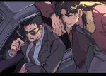  2boys backlighting black_eyes black_hair black_jacket black_necktie black_shirt bomber_jacket brown_jacket car cigarette collared_shirt commentary_request cowboy_shot endou_yuuji grey_pants grey_shirt grin holding holding_cigarette inudori itou_kaiji jacket kaiji leaning_to_the_side letterboxed long_hair long_sleeves looking_at_another male_focus medium_bangs motor_vehicle multiple_boys necktie open_mouth pants parted_bangs scar scar_on_cheek scar_on_face shirt short_bangs short_hair smile smoke smoking suit sunglasses v-shaped_eyebrows very_short_hair 