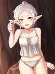  1girl ahoge elf grey_panties hand_up highres hp_0_(eitipe0) looking_at_viewer mushoku_tensei open_mouth panties pointy_ears red_eyes short_hair side-tie_panties sleepwear solo sylphiette_(mushoku_tensei) underwear white_hair 