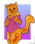  anthro bottomless breast_squeeze breasts clothed clothing colored digital_media_(artwork) felid feline female flat_colors food foxboy83 fruit goo_creature hi_res mammal open_mouth orange_(fruit) orange_body orange_eyes pink_clothing pink_shirt pink_topwear plant portrait shirt simple_background solo standing teeth three-quarter_portrait tongue topwear 