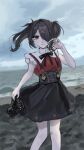  1girl adjusting_hair ame-chan_(needy_girl_overdose) beach black_eyes black_footwear black_hair black_ribbon black_skirt cloud cloudy_sky collared_shirt feet_out_of_frame hair_ornament hair_over_one_eye hair_tie hairclip hand_up highres holding holding_clothes holding_footwear looking_at_viewer muted_color neck_ribbon needy_girl_overdose ocean outdoors parted_lips red_shirt ribbon sanmanako shirt shirt_tucked_in shoes skirt sky smile solo standing suspender_skirt suspenders twintails unworn_shoes water wind x_hair_ornament 