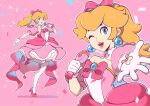  1girl ;d alternate_costume artist_name blonde_hair blue_eyes bow choker confetti dress earrings full_body gloves high_heels highres idol_clothes jewelry kneehighs looking_at_viewer mario_(series) microphone one_eye_closed open_mouth pantyhose pink_background pink_bow pink_dress pink_footwear ponytail princess_peach puffy_sleeves saiwo_(saiwoproject) smile socks solo sphere_earrings star_(symbol) white_choker white_gloves white_socks 