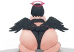  1girl ass ass_focus back bare_shoulders barefoot black_hair blue_archive feathered_wings halo mashiro_(blue_archive) mashiro_(swimsuit)_(blue_archive) seiza shin_121 short_hair sitting solo swimsuit wings 