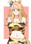  1girl alternate_costume animal_ears arms_behind_back arn7 bare_shoulders blonde_hair blue_bow blue_eyes bow breasts commentary_request gold_city_(umamusume) groin highres horse_ears large_breasts long_hair looking_at_viewer midriff navel parted_lips skirt skirt_set solo stomach strapless tiger_stripes tube_top umamusume upper_body yellow_skirt 