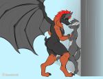  2021 anthro artist_name bat bow_(bowhuskers) canid canine canis claws colored digital_drawing_(artwork) digital_media_(artwork) duo ear_piercing female fur green_eyes grey_body grey_fur hair male mammal membrane_(anatomy) membranous_wings nipples nude piercing pinned pinned_to_wall red_hair sassylebraix simple_background wings wolf yellow_eyes 