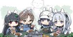  1boy 4girls ^_^ animal_ears arona&#039;s_sensei_doodle_(blue_archive) bangs black_hair blue_archive blush brown_hair bush censored chibi closed_eyes cooking_pot curry eating fake_animal_ears food food_on_face fork glasses grey_hair helmet holding holding_food leaf leaf_on_head long_hair long_sleeves miyako_(blue_archive) miyu_(blue_archive) moe_(blue_archive) multiple_girls one_side_up open_mouth plate purple_eyes ribbon rice round_eyewear sailor_collar saki_(blue_archive) school_uniform sensei_(blue_archive) serafuku short_hair spawnfoxy spoon sweat table 