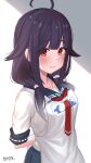  1girl absurdres ahoge arms_behind_back artist_name black_hair closed_mouth hair_flaps highres hirotsuki kantai_collection long_hair looking_at_viewer low_twintails neckerchief one-hour_drawing_challenge red_eyes red_neckerchief school_uniform serafuku short_sleeves signature smile solo taigei_(kancolle) twintails twitter_username upper_body 