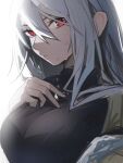  1girl arknights black_shirt breasts closed_mouth distr expressionless grey_hair hair_between_eyes highres large_breasts long_hair looking_at_viewer no_headwear red_eyes shirt simple_background skadi_(arknights) sketch solo turtleneck upper_body wet wet_face white_background 