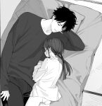  1boy 1girl age_difference blush chup2m closed_eyes collared_shirt couple greyscale hetero indoors long_hair looking_at_another lying monochrome no_pants on_bed on_side original panties parted_lips pillow shirt smile sweater twintails underwear 