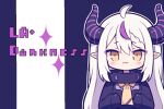  1girl :3 ahoge black_background black_dress blush braid braided_bangs brown_eyes character_name closed_mouth commentary demon_horns dress hololive horns la+_darknesss la+_darknesss_(1st_costume) long_sleeves outline pixelated pointy_ears purple_hair ran_(ran_ran010) sleeves_past_fingers sleeves_past_wrists solo sparkle two-tone_background upper_body virtual_youtuber white_background white_hair white_outline 