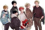  6+boys bishounen black_hair black_jacket blonde_hair border closed_eyes closed_mouth collage given guitar holding holding_instrument instrument jacket kaji_akihiko kashima_hiiragi_(given) kizu_natsuki light_blue_jacket looking_at_viewer male_focus multiple_boys nakayama_haruki official_art open_clothes open_jacket red_hair satou_mafuyu second-party_source short_hair smile transparent_background uenoyama_ritsuka yagi_shizusumi_(given) 