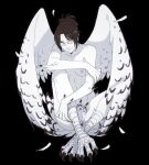  1girl bird_legs breasts brown_hair claws commentary english_commentary feathered_wings feathers glasses greyscale hange_zoe hanpetos harpy monochrome monster_girl monsterification nipples ponytail shingeki_no_kyojin sitting small_breasts solo spot_color wings yellow_eyes 