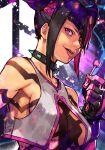  1girl black_hair blue_nails breasts candy collar food han_juri holding holding_food hungry_clicker lollipop purple_eyes street_fighter street_fighter_6 
