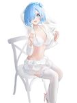  1girl :d absurdres bare_shoulders bikini bikini_skirt blue_eyes blue_hair breasts chair commentary derlyt detached_sleeves highres large_breasts long_sleeves looking_at_viewer navel open_mouth re:zero_kara_hajimeru_isekai_seikatsu rem_(re:zero) short_hair simple_background sitting smile solo stomach swimsuit thighhighs veil white_background white_bikini white_thighhighs 