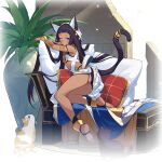  1girl animal_ears armlet bare_shoulders bastet_(honkai_impact) black_hair blue_eyes bracelet cat cat_ears cat_girl cat_tail couch dark-skinned_female dark_skin honkai_(series) honkai_impact_3rd jewelry long_hair official_art one_eye_closed plant potted_plant tail tail_ornament third-party_source toeless_legwear 