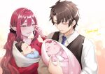  absurdres baby baobhan_sith_(fate) bib black_hair blush breasts family fate/grand_order fate_(series) father_and_daughter father_and_son fujimaru_ritsuka_(male) grey_eyes hair_ornament hair_scrunchie highres ichi_kq if_they_mated mother_and_daughter mother_and_son necktie open_mouth pointy_ears red_hair red_shirt scrunchie shirt signature smile tearing_up tears 