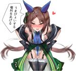  absurdres animal_ears bow brown_hair dress ear_bow ear_covers garter_belt golden_generation_(umamusume) green_dress highres horse_ears horse_girl horse_tail horseshoe_ornament king_halo_(umamusume) sizhe sweat tail umamusume 