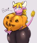  anthro big_breasts bovid bovine breast_squish breasts cattle clothing female halloween holidays horn huge_breasts jack-o&#039;-lantern looking_at_viewer mammal olibur paprika_(olibur) shirt solo speech_bubble squish topwear 