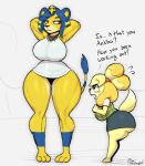  2023 3_toes absurd_res alternate_species animal_crossing ankha_(animal_crossing) anthro barefoot big_breasts big_butt black_eyes black_nose blue_body blue_bottomwear blue_clothing blue_fur blue_hair blue_skirt bodily_fluids bottomless bottomwear breasts butt canid canine canis checkered_clothing checkered_shirt checkered_topwear clothed clothing curvy_figure dialogue dipstick_tail domestic_dog duo english_text feet felid female fur green_clothing green_shirt green_topwear hair hand_on_chest hi_res huge_butt huge_thighs isabelle_(animal_crossing) larger_anthro larger_female lion mammal markings miso_souperstar muscular muscular_anthro muscular_female nintendo orange_body orange_fur orange_hair pantherine pattern_clothing pattern_shirt pattern_topwear pupils red_eyes shih_tzu shirt short_stack size_difference skirt smaller_anthro smaller_female smile sweat sweatdrop tail tail_markings tail_tuft text thick_thighs toes topwear toy_dog tuft voluptuous white_body white_clothing white_fur white_pupils white_shirt white_topwear wide_hips yellow_body yellow_fur yellow_inner_ear 