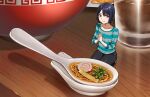  1girl black_hair chopsticks food hashi mini_person minigirl noodles original own_hands_together purple_eyes ramen seiza shirt short_hair sitting solo spoon striped striped_shirt 