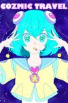  1girl aqua_eyes aqua_hair blue_sailor_collar chimu_(chimoon) commentary cropped_jacket hagoromo_lala hair_between_eyes hair_ornament jacket jewelry looking_at_viewer necklace precure sailor_collar short_hair short_sleeves sky solo star-shaped_pupils star_(sky) star_(symbol) star_twinkle_precure starry_sky straight-on symbol-shaped_pupils upper_body yellow_jacket 