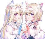 2girls absurdres ahoge animal_ear_fluff animal_ears belt_collar blonde_hair blue_eyes collar dog_ears dog_girl fake_claws fuwawa_abyssgard headband highres hololive hololive_english interlocked_fingers long_hair looking_at_viewer mococo_abyssgard multicolored_hair multiple_girls pink_eyes pink_headband siblings simple_background sisters smile sowon streaked_hair twins virtual_youtuber 
