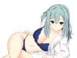  1girl aqua_eyes aqua_hair arm_support blue_bra blue_panties blush bra breasts cleavage closed_mouth collarbone commentary_request crossed_bangs curvy double-parted_bangs eyelashes frilled_bra frilled_panties frills hair_between_eyes hirocchi lab_coat large_breasts looking_at_viewer lying navel off_shoulder on_side one_side_up panties panty_pull pulled_by_self riddle_joker shikibe_mayu simple_background single_bare_shoulder smile solo thighs underwear white_background 