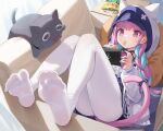  1girl absurdres anchor_symbol animal_hood baseball_cap blue_hair blue_headwear blue_nails blue_ribbon blue_skirt braid cat_hood cat_tail chips_(food) closed_mouth colored_inner_hair eating feet food frilled_sailor_collar frills full_body halonakoma9 handheld_game_console hat high-waist_skirt highres holding holding_food holding_handheld_game_console hololive hood hood_up hooded_jacket indoors jacket legs legs_up long_hair long_sleeves lying minato_aqua multicolored_hair neck_ribbon neko_(minato_aqua) nintendo_switch no_shoes on_back pantyhose potato_chips puffy_long_sleeves puffy_sleeves purple_eyes purple_hair ribbon sailor_collar school_uniform serafuku skirt soles solo spread_toes streaked_hair tail tail_ornament tail_ribbon toes twin_braids twintails two-tone_hair virtual_youtuber white_jacket white_pantyhose 