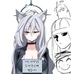  2girls 2others animal_ears arona&#039;s_sensei_doodle_(blue_archive) arona_(blue_archive) blue_archive breasts grey_hair halo large_breasts multiple_girls multiple_others phrenapates_(blue_archive) sensei_(blue_archive) shiroko_(blue_archive) shiroko_terror_(blue_archive) simple_background skyrain315 upper_body white_background wolf_ears 