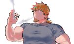  1boy alternate_muscle_size bara biceps brown_hair cigarette facial_hair fate/grand_order fate_(series) flexing goatee hector_(fate) highres holding holding_cigarette large_pectorals long_hair male_focus mature_male muscular muscular_male pectorals ponytail sanpaku shirt smoking solo t-shirt thick_eyebrows tight_clothes tight_shirt upper_body ymbk_(ymym_oh) 