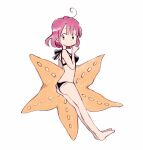  1girl :o ahoge animal back_bow bare_arms bare_legs bikini black_bikini black_bow bow clenched_hand frilled_bikini frilled_bow frills from_side full_body h_kawa hand_up holding holding_star looking_at_viewer open_mouth original oversized_animal pink_hair short_hair solo star_(symbol) starfish stomach swimsuit white_background white_eyes 