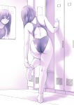  1girl absurdres ass commentary_request competition_swimsuit from_behind full_body highres locker long_hair macosee mirror monochrome one-piece_swimsuit original purple_theme reflection socks solo standing standing_on_one_leg swimsuit undressing 