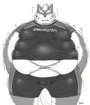  anthro bdsm belly bondage bound canid canine canis clothing ear_piercing fenrir_(housamo) hi_res iwano lifewonders male mammal monochrome moobs overweight overweight_male piercing restraints rope rope_bondage rope_harness shirt solo swimming_trunks swimwear tokyo_afterschool_summoners topwear weight_gain wolf 