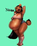  4:5 absurd_res anthro anthro_pred arm_warmers armwear big_breasts black_hair bloated bottomwear breasts brown_body canid canine canis clothing denim domestic_dog fangs female female_pred floppy_ears hair hand_behind_head hi_res huge_belly hungry_inco long_hair mammal midriff open_mouth shorts teeth thick_thighs toeless_legwear vore yawn 