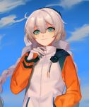  1girl absurdres ahoge blue_sky braid closed_jacket closed_mouth cloud english_commentary gloves hair_between_eyes hand_in_pocket highres honkai_(series) honkai_impact_3rd jacket kiana_kaslana kiana_kaslana_(white_comet) long_hair official_alternate_costume open_hand orange_sleeves pocket populamalus sky smile solo twin_braids upper_body white_gloves white_hair zipper 