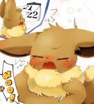  2023 3_fingers ambiguous_gender bodily_fluids brown_body brown_eyes brown_fur calendar cross-popping_vein eevee english_text exclamation_point feral fingers fur gasp generation_1_pokemon half-length_portrait head_tuft hi_res inner_ear_fluff neck_tuft nintendo number nurunuruparty26 open_mouth paws pokemon pokemon_(species) portrait simple_background solo speech_bubble tan_body tan_fur tears text tuft yelling 