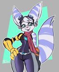 2023 anthro belt blue_eyes clothing cybernetic_arm cybernetic_limb ear_piercing ear_ring eyebrows eyelashes eyewear eyewear_on_head female gloves goggles goggles_on_head hand_on_hip handwear hi_res lombax looking_at_viewer mammal open_mouth piercing ratchet_and_clank ring_piercing rivet_(ratchet_and_clank) scarf solo solratic sony_corporation sony_interactive_entertainment stripes 