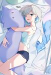  1girl absurdres armpits bare_shoulders bed bed_sheet black_shorts blue_eyes blue_hair blue_pajamas blunt_bangs body_pillow camisole colored_inner_hair grey_hair hair_ornament head_rest highres indoors kaga_sumire light_blue_hair looking_at_viewer lying multicolored_hair object_hug okishiro on_side one_eye_closed open_clothes open_mouth pajamas pillow pillow_hug short_hair short_shorts shorts signature solo streaked_hair sunlight thighs virtual_youtuber vspo! waking_up white_camisole zzz 