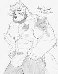  1boy abs animal_ears bara beard briefs bulge bulge_lift commission dressing facial_hair feet_out_of_frame furry furry_male greyscale highres i&#039;ve_never_seen_a_guy_recreate_this_successfully_tbh_(meme) large_bulge large_pectorals looking_at_bulge male_focus male_underwear mature_male meme mer-de-kyle monochrome motion_lines muscular muscular_male navel navel_hair nipples open_pants original pants pants_lift pectorals pubic_hair pubic_hair_peek raised_eyebrow scar scar_on_chest short_hair shoulder_tattoo solo stomach sweat tail tattoo topless_male undersized_clothes underwear wolf_boy wolf_ears wolf_tail 