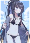  1girl artist_name averting_eyes bags_under_eyes bare_shoulders beach bikini black_bikini black_hair blue_archive blue_eyes blue_sky border breasts breasts_apart cardigan cloud commentary_request cowboy_shot grey_cardigan groin hairband jewelry jitome long_hair mizumi_(artist) navel official_alternate_costume open_cardigan open_clothes outdoors outside_border parted_lips pendant ponytail purple_hairband sideways_glance signature sky small_breasts solo sweat swimsuit ui_(blue_archive) ui_(swimsuit)_(blue_archive) very_long_hair white_border 
