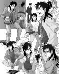  2boys abs ashtray beanie belt bomber_jacket breast_pocket card cigarette closed_mouth collared_shirt commentary_request dog frown full_body greyscale grin hat hiding highres inudori itou_kaiji jacket kaiji long_hair male_focus medium_bangs monochrome multiple_boys multiple_views necktie open_clothes open_jacket open_mouth pants pocket pointy_nose scar scar_on_cheek scar_on_face shirt short_sleeves smile smoking solo_focus squatting sunglasses toned toned_male undershirt upper_body yakuza 