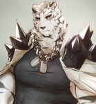  1boy animal_ears arknights bara black_tank_top blue_eyes chain_necklace dog_tags facial_hair frown furry furry_male goatee jacket jacket_on_shoulders jewelry large_pectorals looking_at_viewer male_focus mature_male mountain_(arknights) muscular muscular_male necklace pectorals scar scar_across_eye short_hair shoulder_spikes solo spikes susabi_(susabi_3b) tank_top thick_eyebrows tiger_boy tiger_ears upper_body white_hair 