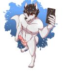  absurd_res andrawyou angel_wolf_(angel_generations) anthro black_nose black_toenails canid canine canis erection fur hi_res male mammal nipples orange_eyes phone pink_inner_ear pink_nipples simple_background solo tail teeth white_body white_fur white_tail wolf 