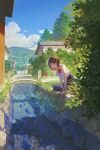  1girl black_eyes black_hair black_skirt building canal cloud cloudy_sky day fjsmu grass highres original outdoors parted_lips scenery school_uniform shirt short_hair short_sleeves skirt sky solo tree water white_shirt 